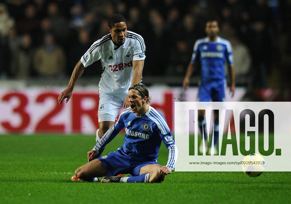 Football - Premier League - Swansea City vs. Chelsea FC -Ashley Williams of Swansea City fouls Chelsea s Fernando Torres at the Liberty Stadium, Swansea