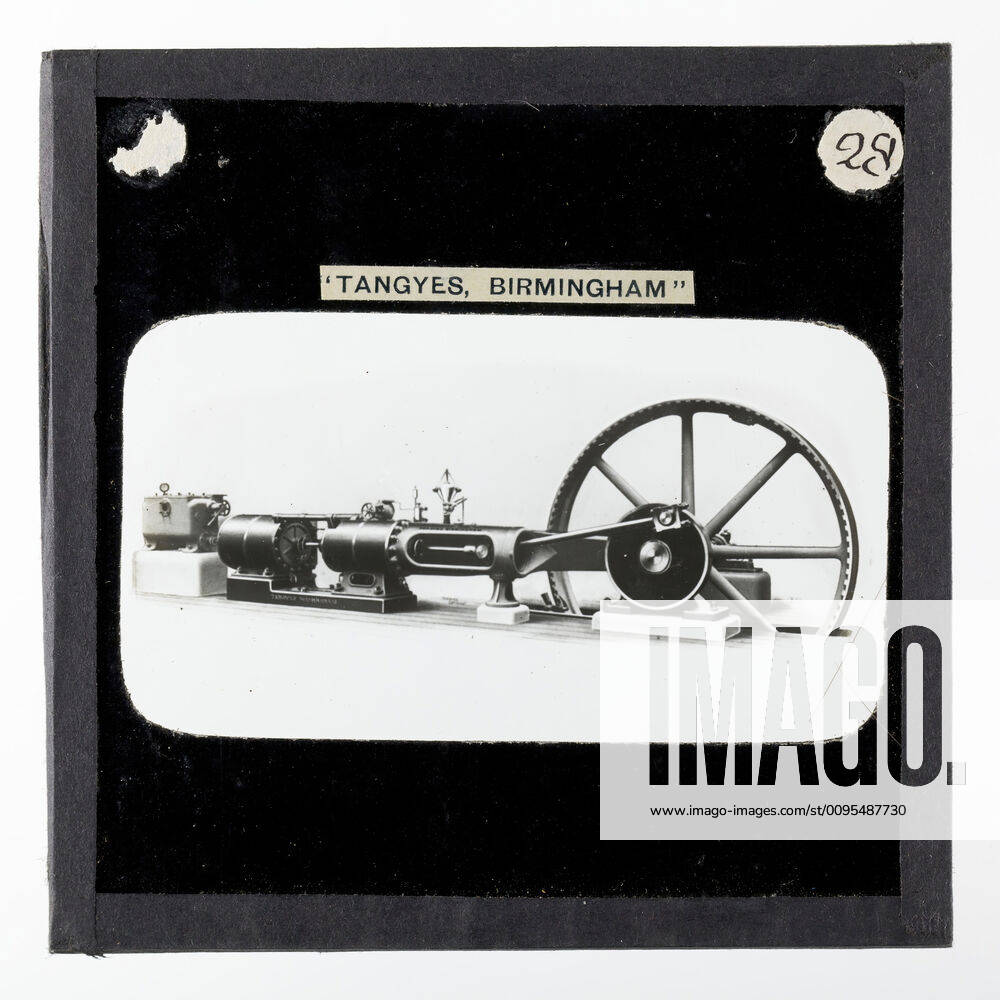 Lantern Slide - Tangyes Ltd, Cross-Compound Steam-Driven Pulley Engine, circa 1910, One of 239 glass lantern slides depicting products manufactured by Tangyes Limited engineers of Birmingham, England. The images include various products such as engines, centrifugal pumps, hydraulic pumps, gas producers, materials testing machines, presses, machine tools, hydraulic jacks etc. Tangyes was a company which operated from 1857 to 1957. They produced a wide variety of engineering Copyright Artokoloro LC190917_105904