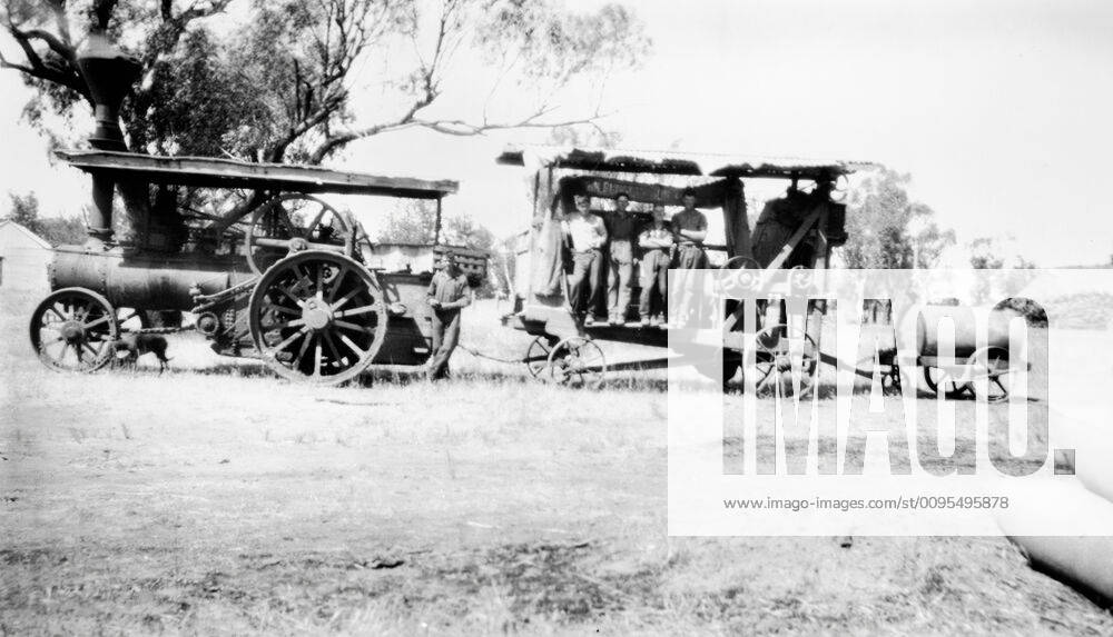 Negative - Coleambally Area, New South Wales, 1931, A traction steam engine pulling a Buncle chaffcutter and a Furphy water cart which supplied water for the steam engine. A number of men are standing on the chaffcutter. This is on Willowvale station, near the homestead. Copyright Artokoloro LC190917_111707