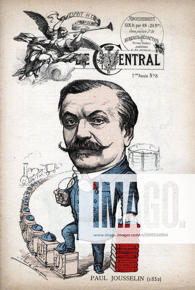 ECOLE CENTRALE Paul JOUSSELIN (sorti en 1852) ingenieur, expert judicaire, inventeur d un avertisseur electrique pour les chemins de fer. Illustration de Albert de COURS-APRES pour Le Central (Revue satirique liee a l Ecole Centrale). Credit : Coll. Dixmier KHARBINE-TAPABOR