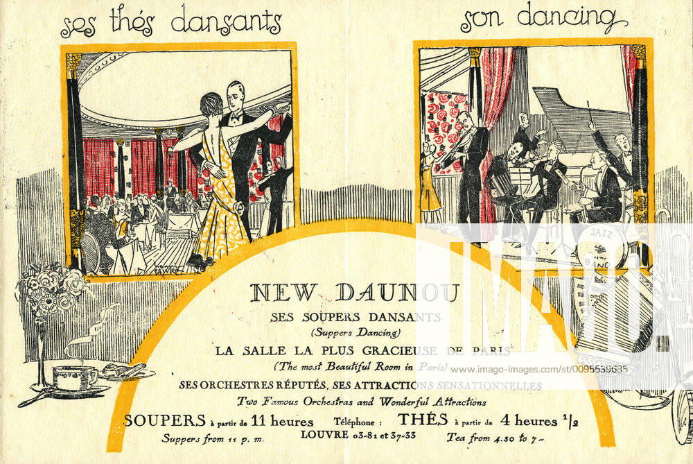 PUB RESTAURANT annees 20 New Daunou, ses soupers dansants, la salle la plus gracieuse de Paris, ses orchestres reputes, ses attractions sensationnelles . Publicite pour un restaurant vers 1925; illustration anonyme. Credit : Collection IM KHARBINE-TAPABOR.