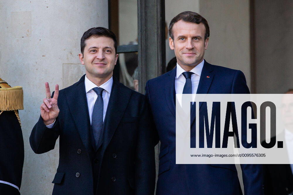 French President Emmanuel MACRON welcomes the President of Ukraine, Volodymyr ZELENSKY, at the Elysee Palace, on December 9, 2019 in Paris, France. A summit in Normandy format to open a new sequence of implementation of the Minsk agreements.