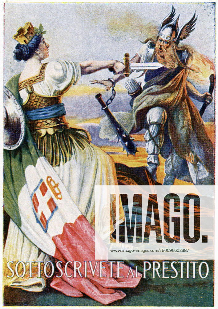 1ERE GUERRE MONDIALE Sottoscrivete al prestito. (Souscrivez pour la Victoire). Affiche italienne de 1917 illustree par Giovanni CAPRANESI (1852-1921) . (L Italie menace le barbare germain avec son glaive). Credit : Collection Grob KHARBINE-TAPABOR
