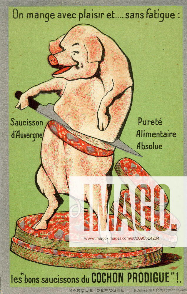 Pub alimentaire annees 20 Saucisson d Auvergne - Un cochon se coupe lui-meme en rondelles. Carte postale publicitaire pour les sausissons Cochon Prodigue, vers 1920. Credit : Collection IM KHARBINE-TAPABOR.