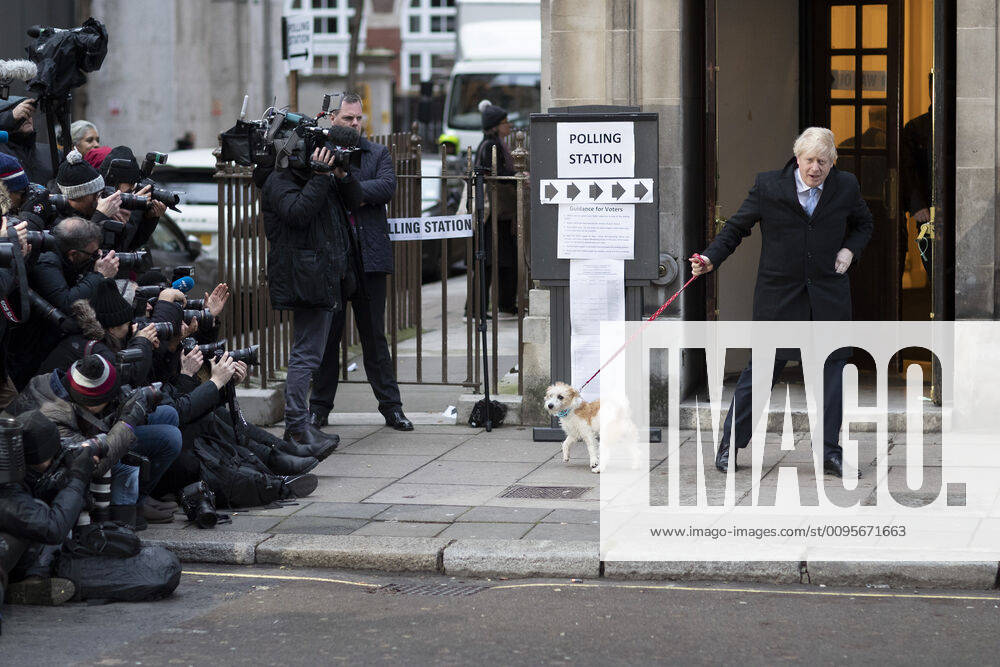 London, UK. Prime Minister Boris Johnson and his dog Dilyn depart The Methodist Hall in Westminster after casting his vote London UK - ZUMAl94_ 20191212_zaf_l94_032