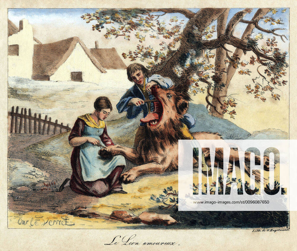 Fable de LA FONTAINE Le lion amoureux (se faisant limer les dents et rogner les griffes). Illustration vers 1820 par Carle VERNET (1758-1836) pour une fable de Jean de LA FONTAINE (1621-1695). Collection Jonas Kharbine-Tapabor.