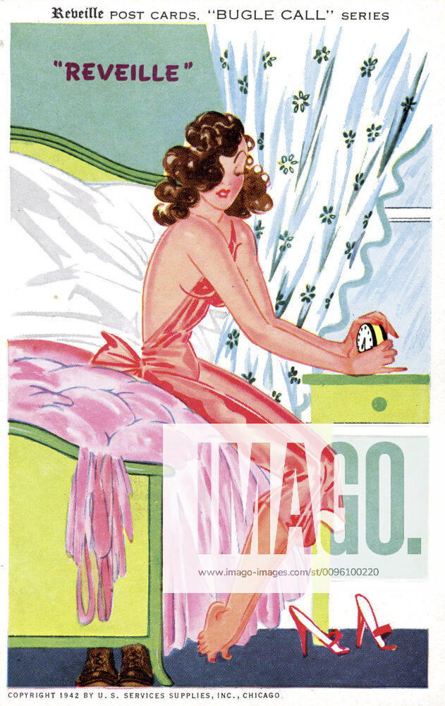 SECONDE GUERRE MONDIALE Reveille. Caricature de OOO pour carte postale de 1942 de la serie Reveille Post Cards Bugle call . Illustration NADE pour une carte postale vers OOO. Credit : IM Kharbine-Tapabor.