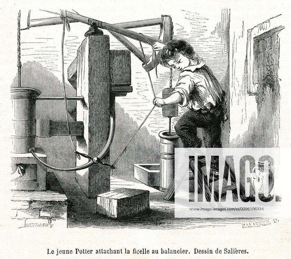 Humphry POTTER Le jeune Humphry POTTER, pour se degager de la tache ingrate qu il devait effectuer, attacha la ficelle au balancier et ameliora ainsi le rendement de la machine a vapeur de Thomas NEWCOMEN (1663-1729). Illustration de SALIERES (19 s.) pour le Musee des Familles de decembre 1861. Pompe a feu ou pompe a eau de NEWCOMEN. Credit : Collection Kharbine-Tapabor.