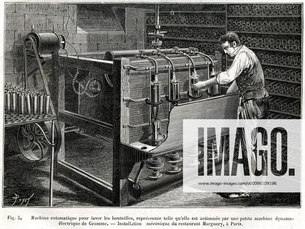RESTAURATION XIXeme s. Machine automatique pour laver les bouteilles, representee telle qu elle est actionnee par une petite machine dynamo-electrique de Gramme. Installation mecanique du restaurant Marguery, a Paris . Illustration par Poyet (1846-1913) tiree de la revue La Nature du 21 mars 1885. Credit : Collection KHARBINE-TAPABOR.