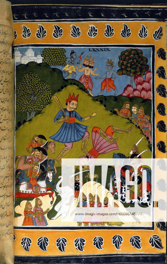 MAHABHARATA Bhima tue Duryodhana en combat singulier. Krishna, Brahma et Siva les observent. Miniature tiree du Mahabharata dans une traduction perse du conte hindou, manuscrit vers 1762 (18e, XVIIIe s.) Credit : Collection British Library KHARBINE-TAPABOR.