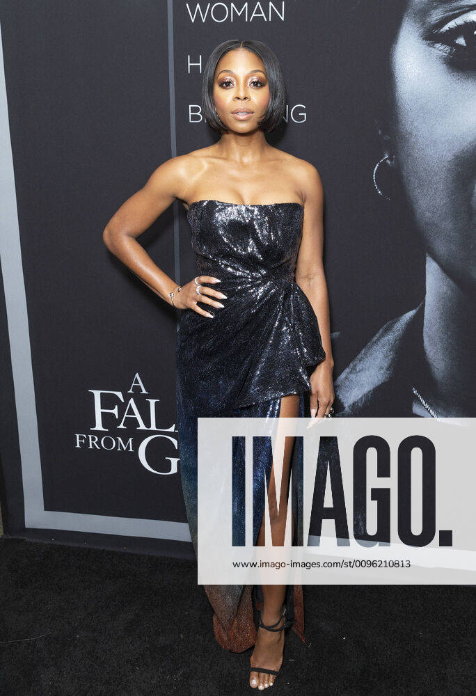 Netflix A Fall From Grace NYC premiere Bresha Webb wearing dress by Mary Katrantzou attends premiere of Netflix A Fall From Grace at Metrograph New York New York United States Metrograph PhotographerxLevxRadin