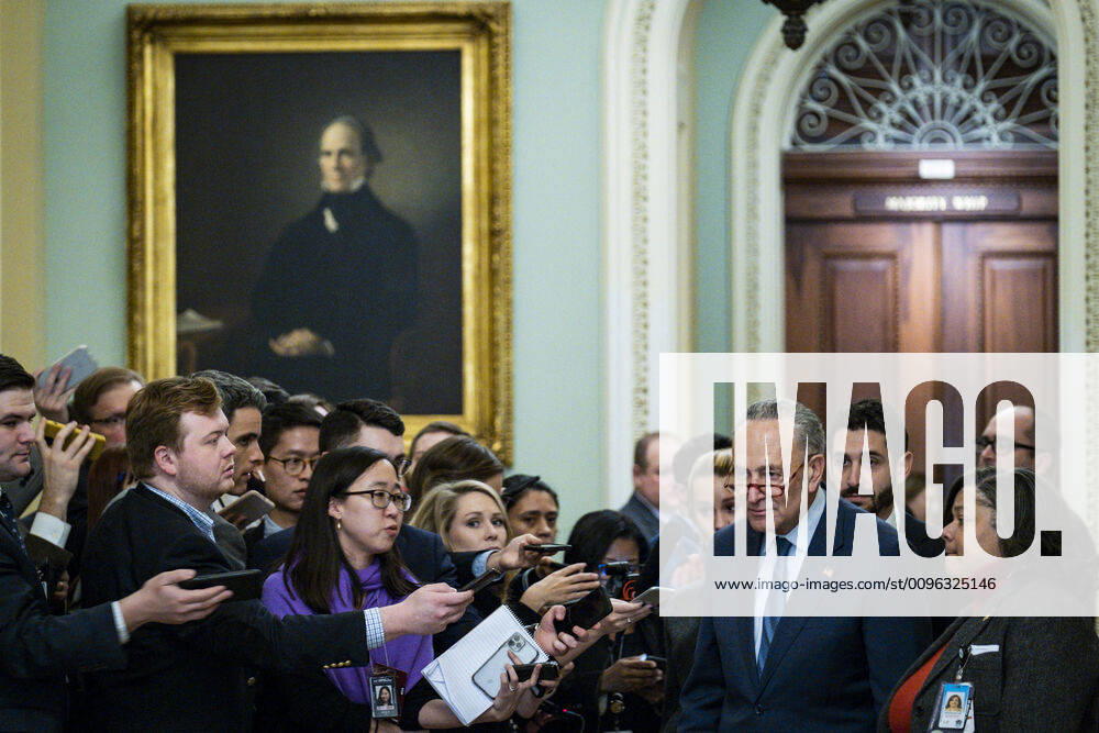 Senate Minority Leader Chuck Schumer (D-NY) speaks to the media gathered outside of the Senate chamber in the United States Capitol during a short recess in the impeachment trial of President Donald Trump on Tuesday, January 21, 2020 in Washington, DC. One hundred United States Senators will serve as judges to decide whether to remove Trump from office for abusing power by pressuring Ukraine for personal political favors. WAP202001211766 PETExMAROVICH