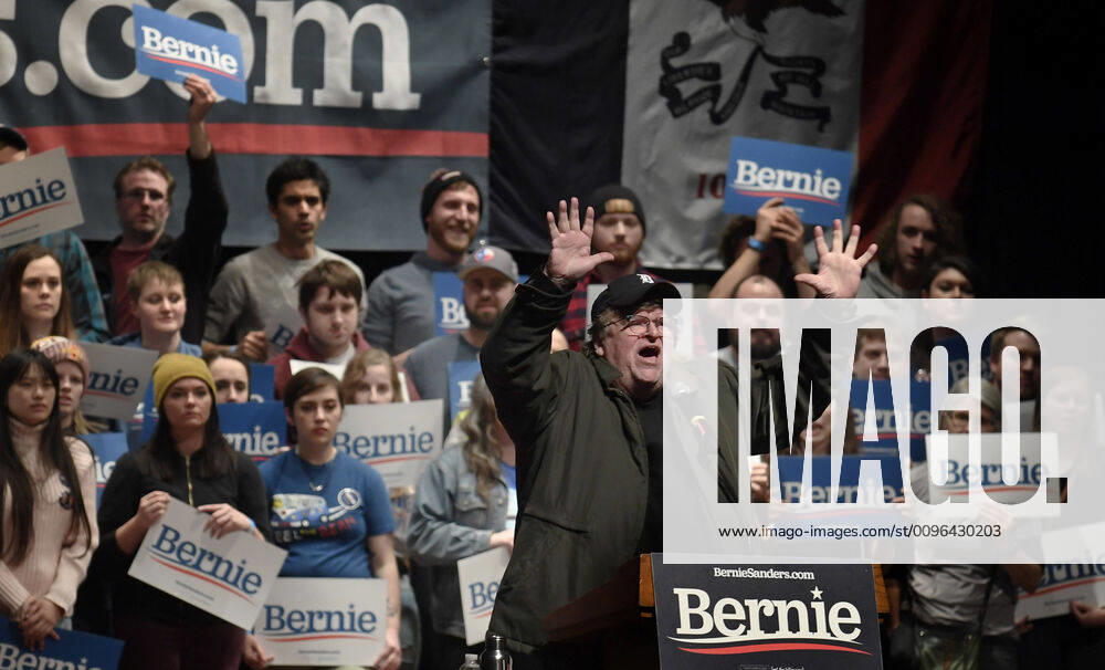 Film maker and activist Michael Moore make remarks on behalf of Democratic presidential candidate for 2020 Vermont Sen. Bernie Sanders during a campaign rally in Ames, Iowa, Saturday, January 25, 2020. Candidates continue to campaign ahead of Iowa s first-in-the-nation-caucuses on February 3. IAP20200125510 MIKExTHEILER