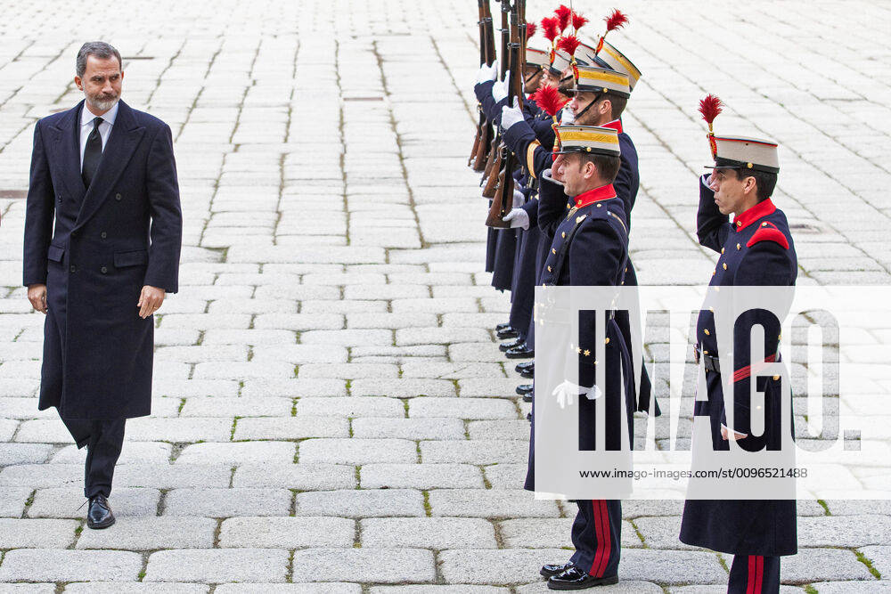 Madrid Funeral of Infante Pilar de Borbon at the royal monastery of San Lorenzo de El Escorial in Madrid, Spain. Spain s King Felipe VI (C) reviews the honor guard