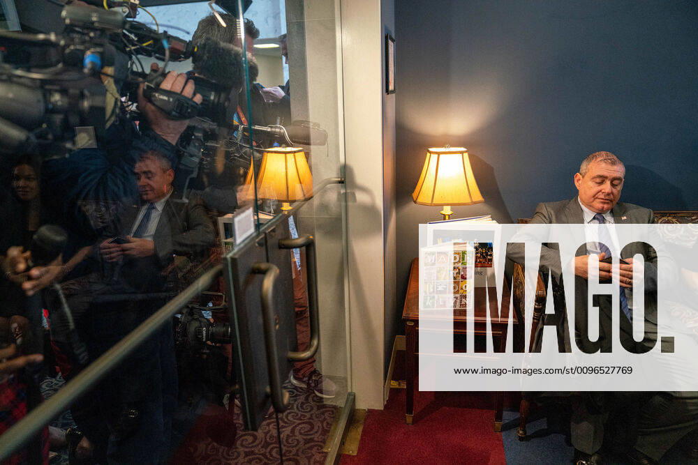 Giuliani Associate Lev Parnas sits in the office of U.S. Sen. Minority Leader Chuck Schumer (D-NY) with his lawyer Joseph Bondy to get tickets to attend the Senate impeachment trial of President Donald J.Trump at the U.S. Capitol in Washington, DC on Wednesday, January 29, 2020. Trump is facing two articles of impeachment; abuse of power and obstruction of congress. WAP20200129111 KENxCEDENO