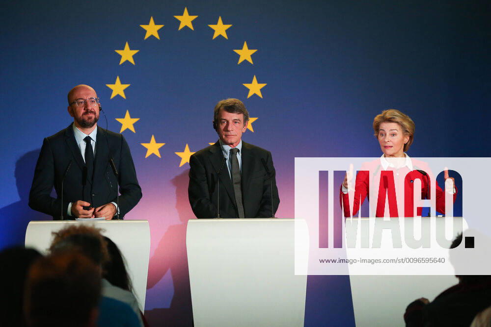 (200131) -- BRUSSELS, Jan. 31, 2020 -- European Commission President Ursula von der Leyen (R), European Parliament President David Sassoli (C) and President of the European Council Charles Michel attend a press conference on the future of Europe at the Parlamentarium in Brussels, Belgium, Jan. 31, 2020. The United Kingdom s (UK) withdrawal agreement will enter into force upon the UK s exit from the EU on Friday night, ending the country s 47-year membership. ) (PORTRAITS)BELGIUM-BRUSSELS-EU-LEADERS-BREXIT ZhengxHuansong