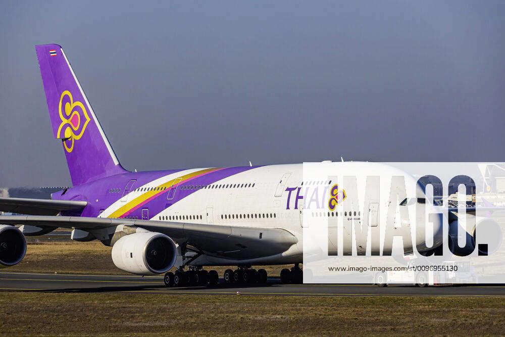 DEU, Deutschland, Hessen, Frankfurt am Main, 07.02.2020: Flughafen Fraport, EDDF, FRA, Frankfurt Airport, Rhein-Main-Flughafen. Flugzeug. Registrierung: HS-TUD, THAI AIRWAYS INTERNATIONAL, AIRBUS A380-841.
