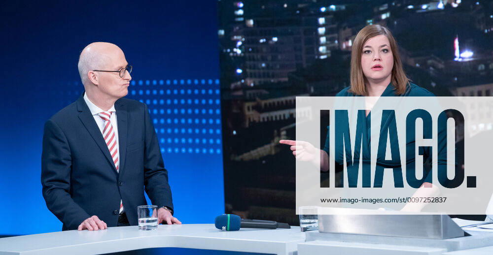 KW08 Wahl Bürgerschaftswahl 2020 - Medienzentrum am Wahlabend - TV-Sendung NDR Info N3 zur Wahl - Peter Tschentscher und Kathaina Fegebank;Wahl Bürgerschaftswahl 2020 - Medienzentrum am Wahlabend - TV-Sendung NDR Info N3 zur Wahl -, Hamburg Hamburg Deutschland Messehallen