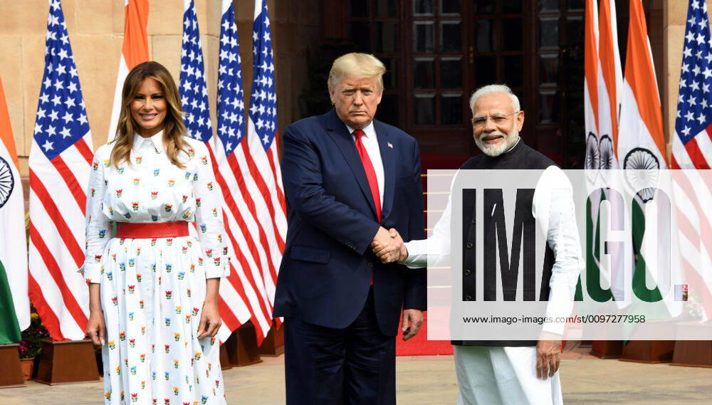 KW09 (200225) -- NEW DELHI, Feb. 25, 2020 -- U.S. President Donald Trump shakes hands with Indian Prime Minister Narendra Modi before their meeting at Hyderabad House in New Delhi, India, Feb. 25, 2020. (Photo by Xinhua) INDIA-NEW DELHI-MODI-TRUMP-MEETING ParthaxSarkar