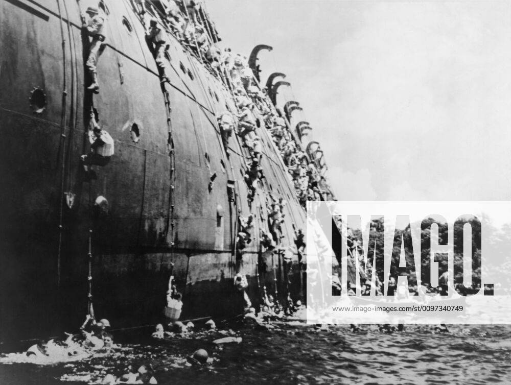 Soldiers abandoning the sinking SS President Coolidge in Espiritu Santo Harbor. She hit a U.S. mine because instructions for safe entry into the harbor were omitted from her sailing orders. All but two on board survived, but the loss of equipment and supp For usage credit please use; PUBLICATIONXNOTxINxCANxCHNxFRAxITAxJPNxNORxPOLxRUSxESPxUKxUSA