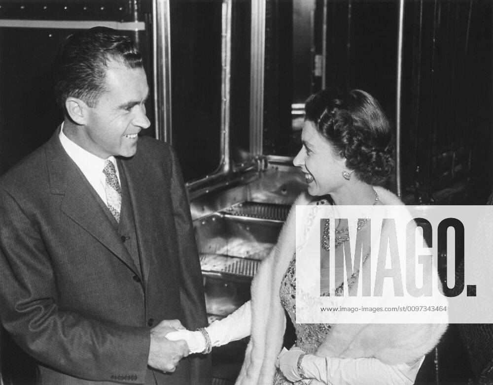 Queen Elizabeth II shaking Vice President Richard Nixon s hand. At the British Embassy in Washington during a dinner the royal couple gave for President and Mrs. Eisenhower. Oct. 19, 1957. - (BSLOC_2014_16_142) For usage credit please use; PUBLICATIONXNOTxINxCANxCHNxFRAxITAxJPNxNORxPOLxRUSxESPxUKxUSA