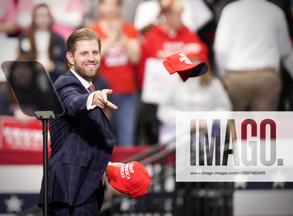 ERIC TRUMP, son of President Donald Trump, tosses hats to the crowd during a Keep America Great rally at the Bojangles Coliseum in Charlotte, North Carolina on Monday March 2, 2020. 14 states and American Samoa will vote or caucus on Tuesday March 3rd. Their ballots will represent over 33 percent of the national primary totals. Charlotte USA - ZUMAj110 20200302_zsp_j110_006