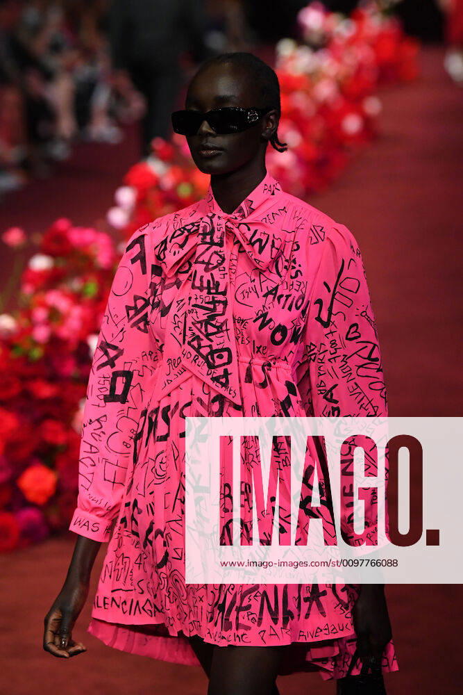 MELBOURNE FASHION FESTIVAL, A model walks the Gala Runway 2 wearing a Balenciaga outfit during Melbourne Fashion Festival at the Royal Exhibition Building in Melbourne, Tuesday, March 10, 2020. ( NO ARCHIVING, , NO USE IN BOOKS WITHOUT CONSENT MELBOURNE VIC AUSTRALIA