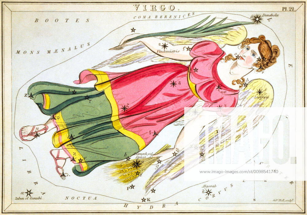 Uranias Mirror Virgo, Jungfrau, Himmelskarte aus der Serie Uranias Mirror, A View of the Heavens, Gravur von Sidney Hall, Erstveröffentlichung 1824