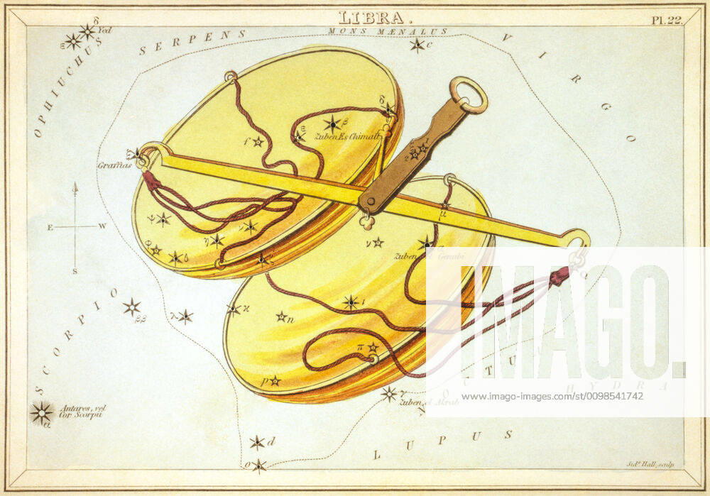 Uranias Mirror Libra, Waage, Himmelskarte aus der Serie Uranias Mirror, A View of the Heavens, Gravur von Sidney Hall, Erstveröffentlichung 1824