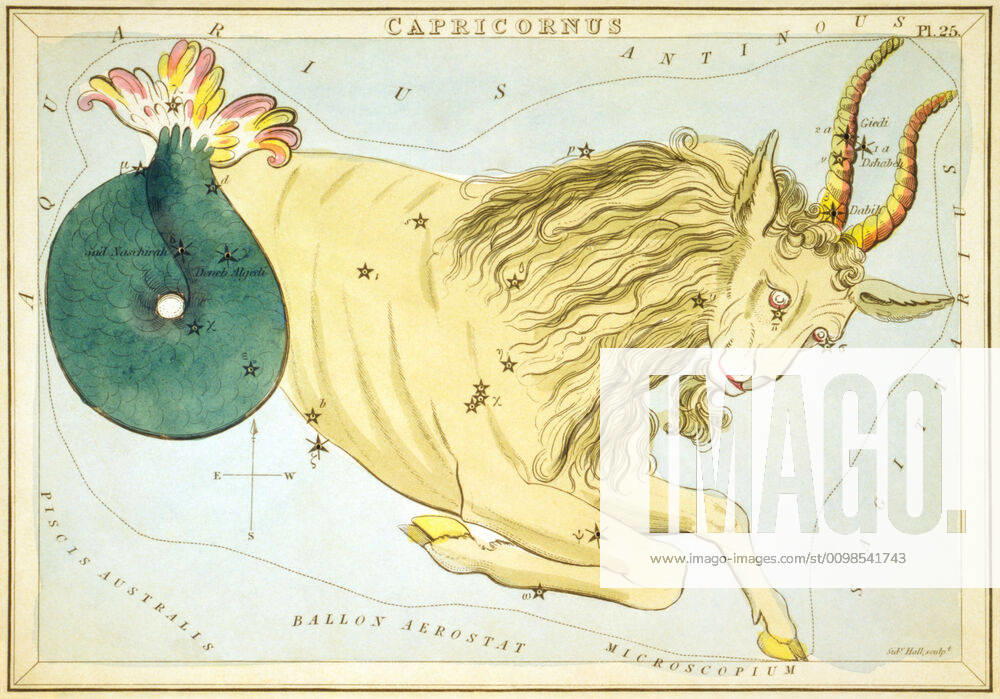 Uranias Mirror Capricornus, Steinbock, Himmelskarte aus der Serie Uranias Mirror, A View of the Heavens, Gravur von Sidney Hall, Erstveröffentlichung 1824