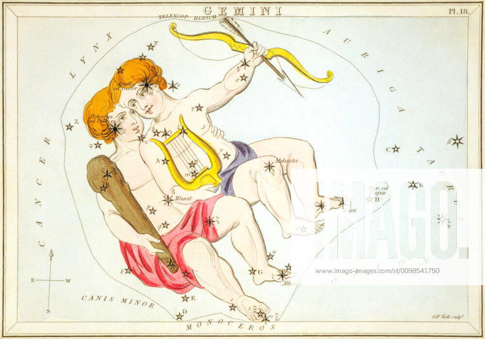 Uranias Mirror Gemini, Zwillinge, Himmelskarte aus der Serie Uranias Mirror, A View of the Heavens, Gravur von Sidney Hall, Erstveröffentlichung 1824