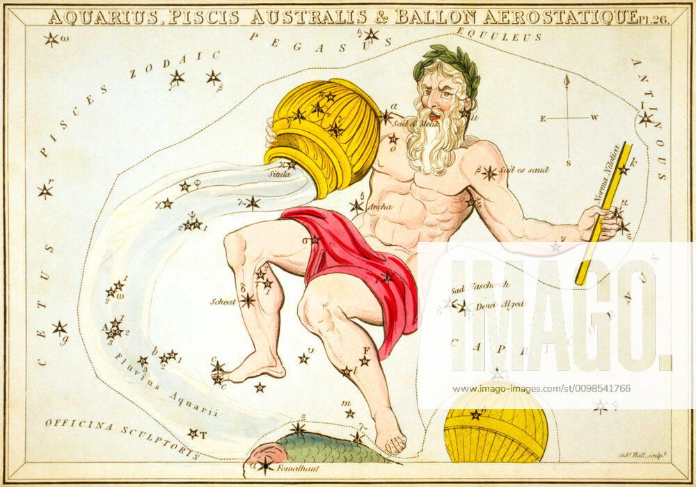 Uranias Mirror Aquarius, Pisces Australis And Ballon Aerostatique, Wassermann, Südlicher Fisch und Ballon Aerostatique , Himmelskarte aus der Serie Uranias Mirror, a view of the heavens, Gravur von Sidney Hall, Erstveröffentlichung 1824