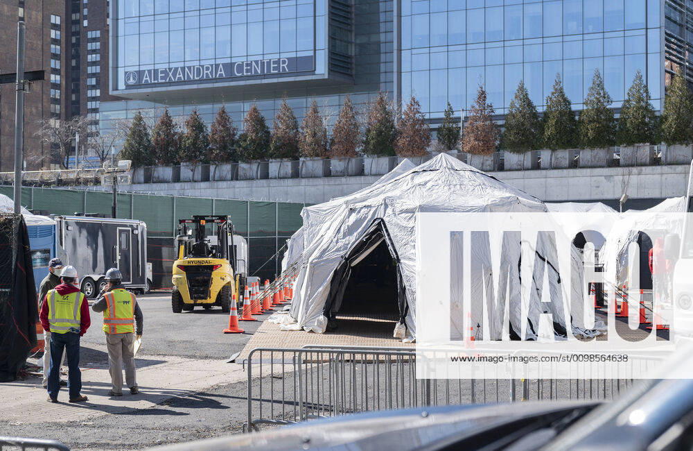 NY: Construction for overflow capacity for city morgue Construction site of tents for overflow capacity for city morgues on Manhattan East side near Bellevue hospital New York New York United States