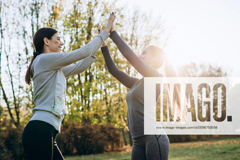 Young girls raising their hands up, jointly perform gymnastic exercises, the conception of a healthy lifestyle. ,model released, Symbolfoto CR_IVSV200318-323212-01