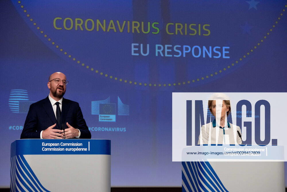 (200416) -- BRUSSELS, April 16, 2020 -- European Council President Charles Michel (L) and European Commission President Ursula von der Leyen attend a press conference on the (EU) response to the coronavirus crisis at EU headquarters in Brussels, Belgium, April 15, 2020. EU on Wednesday put forward a roadmap for member states to phase out containment measures for COVID-19. According to the guideline, the member states should move cautiously as they return to normal life and base their actions on scientific advice. ( Handout via Xinhua) BELGIUM-BRUSSELS-EU-COVID-19-ROADMAP EuropeanxUnion