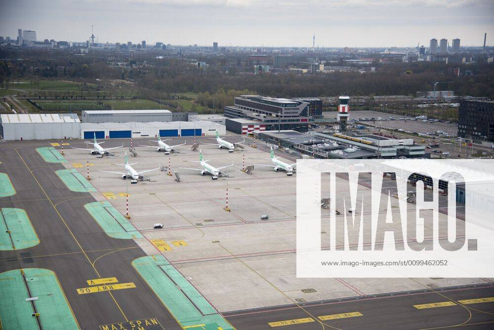 ROTTERDAM 18-04-2020, Rotterdam The Haque Airport from the air. A lot of Transavia planes parked at the platforms at Rotterdam Airport. Rotterdam The Haque Airport (RTHA) x7847606x