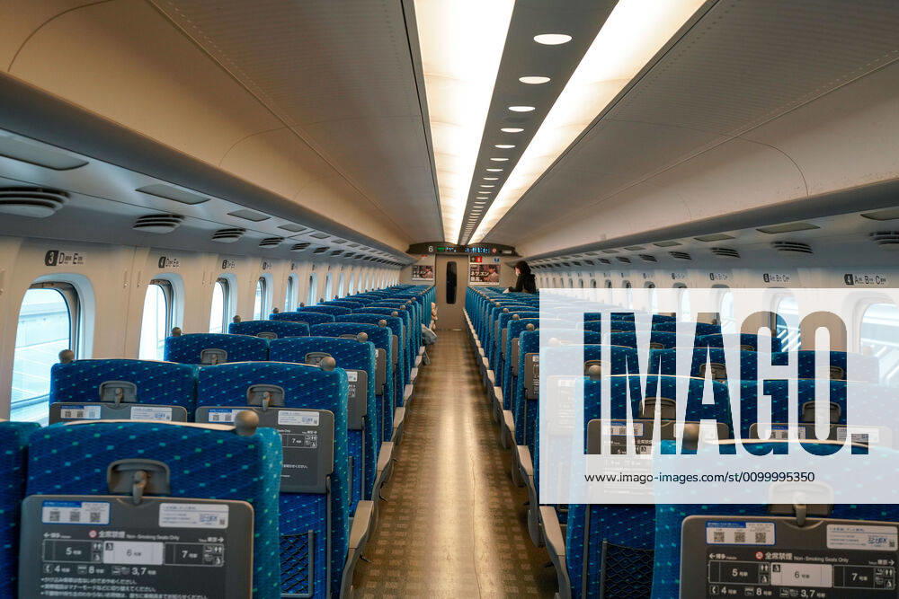 Kyoto, Japan - The majority of seats are seen empty in a bullet train car bound for Tokyo from Kyoto Station where it is usually busy with local travelers and tourists from overseas as Japan remains in a state of emergency over the current coronavirus pandemic. (xjrb_kyotojapanstateofemergency_007)