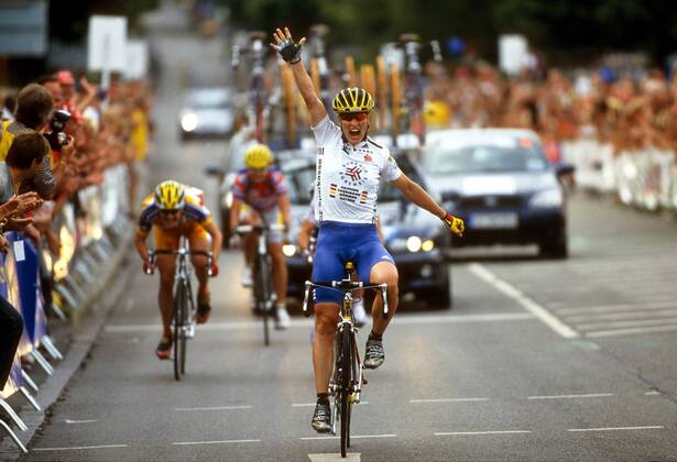 Petra Rossner (TEAG Euregio) Radsport LM Damen Deutsche Meisterschaft 2001, Radrennsport, Straßenradsport, Straßenradrennsport, Vdia Einzelbild Bad Dürrheim Glück, Freude, Begeisterung,