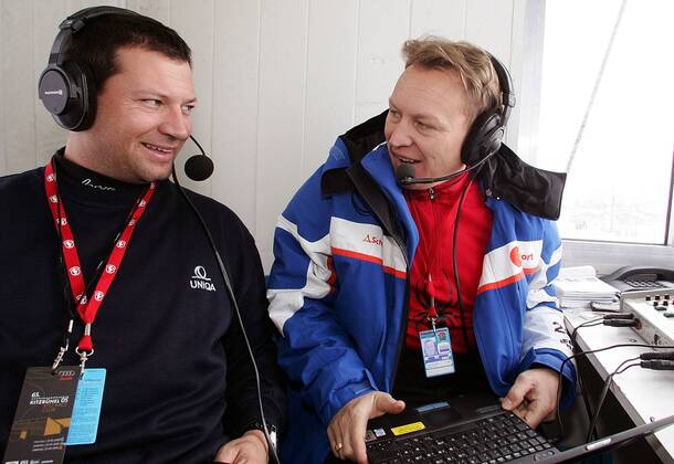 Stephan Eberharter (Österreich, li.) als Experte neben ZDF Kommentator Michael Pfeffer Alpiner Skilauf Herren Weltcup 2004 2005, Welt-Cup, Worldcup, World, WC, Skisport, Ski Alpin, Super G Gruppe Hahnenkamm Streif Kitzbühel