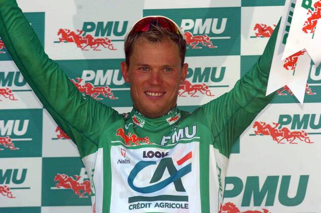 Thor Hushovd (Norwegen Credit Agricole) bei der Siegerehrung im grünen Trikot des punktbesten Fahrers - , Radsport Herren Tour de France 2005, ProTour, Straßenradsport, Rad, Straße, Einzelbild 13. Etappe: Miramas - Montpellier Freude,