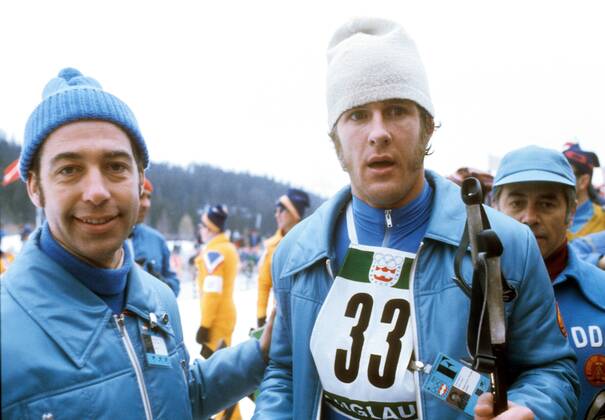 Ulrich Wehling (DDR, re.) Nordische Kombination OS Winter Herren Olympische Spiele Innsbruck 1976, Winterspiele, Ski Nordisch, Skisport, Langlauf Gruppe Innsbruck