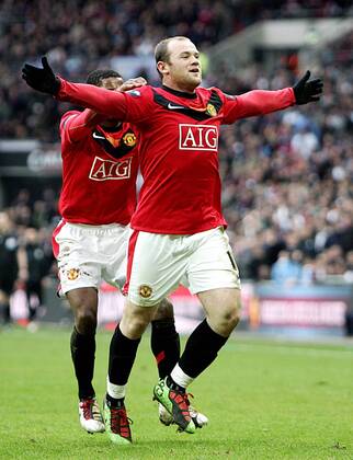 Wayne Rooney of Manchester United celebrates scoring his side s second goal - Carling Cup Final, Aston Villa (white) vs. Manchester United (red) 28th February, 2010 EDITORIAL USE ONLY. No use with unauthorised audio, video, data, fixture lists, club league logos or live services. Online in-match use limited to 120 images, no video emulation. No use in betting, games or single club league player publications. o0 Manu Jubel Freude