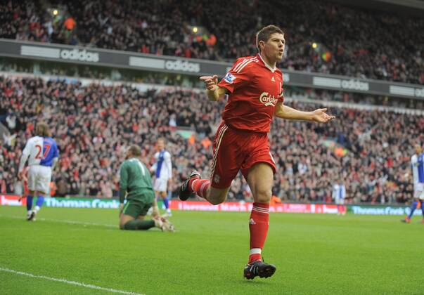 Steven Gerrard of Liverpool celebrates his first goal - FC Liverpool vs. Blackburn Rovers 28th February, 2010 EDITORIAL USE ONLY. No use with unauthorised audio, video, data, fixture lists, club league logos or live services. Online in-match use limited to 120 images, no video emulation. No use in betting, games or single club league player publications. o0 Jubel Freude