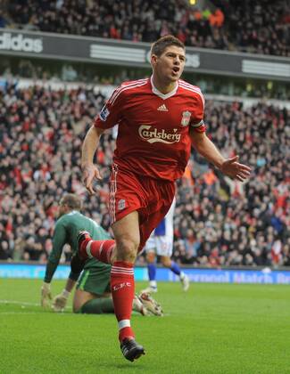 Steven Gerrard of Liverpool celebrates his first goal - FC Liverpool vs. Blackburn Rovers 28th February, 2010 EDITORIAL USE ONLY. No use with unauthorised audio, video, data, fixture lists, club league logos or live services. Online in-match use limited to 120 images, no video emulation. No use in betting, games or single club league player publications. o0 Jubel Freude