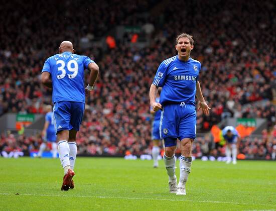 Frank Lampard of Chelsea celebrates his goal , Barclays Premier League, FC Liverpool v Chelsea FC London, 2nd May, 2010 EDITORIAL USE ONLY. No use with unauthorised audio, video, data, fixture lists, club league logos or live services. Online in-match use limited to 120 images, no video emulation. No use in betting, games or single club league player publications. o0 Jubel, Freude