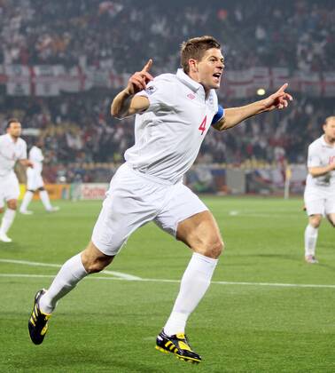 England s Steven Gerrard celebrates scoring his sides opening goal FIFA World Cup 2010 Group C England v USA 12th June, 2010 EDITORIAL USE ONLY. No use with unauthorised audio, video, data, fixture lists, club league logos or live services. Online in-match use limited to 120 images, no video emulation. No use in betting, games or single club league player publications.