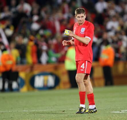 England s Steven Gerrard looks on dejected at the ending whistle FIFA World Cup 2010 Round of 16 Germany v England 27th June, 2010 EDITORIAL USE ONLY. No use with unauthorised audio, video, data, fixture lists, club league logos or live services. Online in-match use limited to 120 images, no video emulation. No use in betting, games or single club league player publications.
