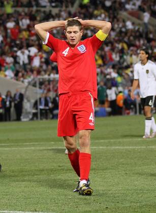 England s Steven Gerrard looks on dejected - FIFA World Cup 2010 Round of 16 Germany v England (red) - 27th June, 2010 - EDITORIAL USE ONLY. No use with unauthorised audio, video, data, fixture lists, club league logos or live services. Online in-match use limited to 120 images, no video emulation. No use in betting, games or single club league player publications.