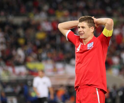 England s Steven Gerrard looks on dejected - FIFA World Cup 2010 Round of 16 Germany v England (red) - 27th June, 2010 - EDITORIAL USE ONLY. No use with unauthorised audio, video, data, fixture lists, club league logos or live services. Online in-match use limited to 120 images, no video emulation. No use in betting, games or single club league player publications.