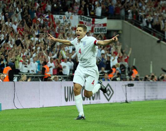 England s Steven Gerrard celebrates scoring his sides second goal International Friendly England v Hungary 11th August, 2010 EDITORIAL USE ONLY. No use with unauthorised audio, video, data, fixture lists, club league logos or live services. Online in-match use limited to 120 images, no video emulation. No use in betting, games or single club league player publications.